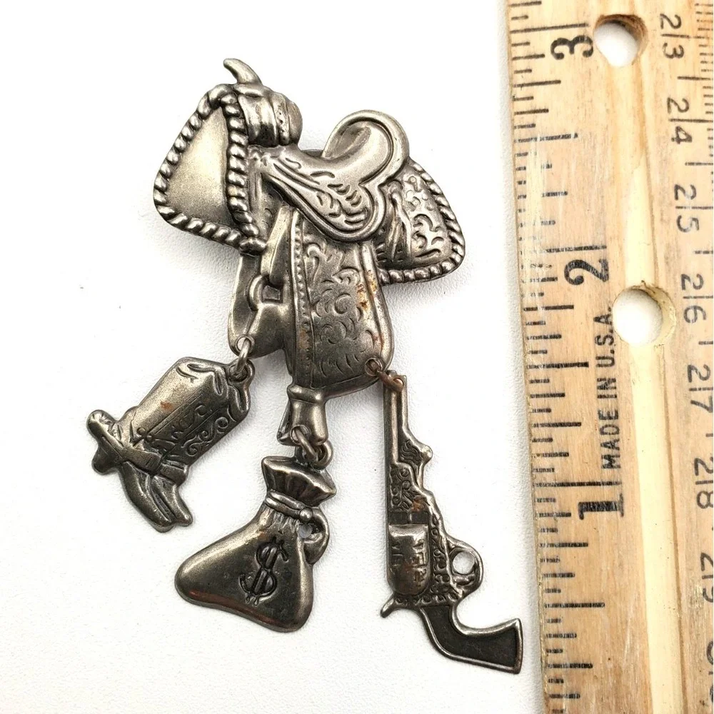Vintage Western Cowboy Saddle Button Cover Dangling Boot Gun Money Bag Charms